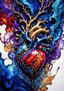 Heart of Fire - Anatomical Heart with Golden Branches Surreal