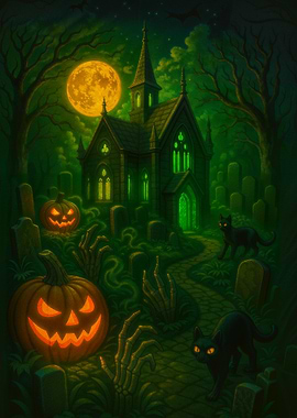 Haunted Halloween Gothic House with Pumpkins and Black Cats