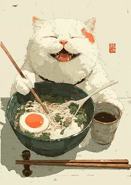 Happy Cat Eating Ramen Illustration