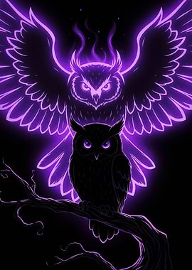 Two Owls with Purple Glow