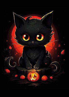 Halloween Black Cat with Pumpkin