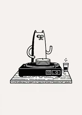 Cat DJ with Turntable and Drink