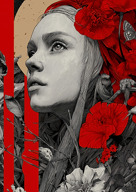 Woman with Red Flowers Abstract Digital Art