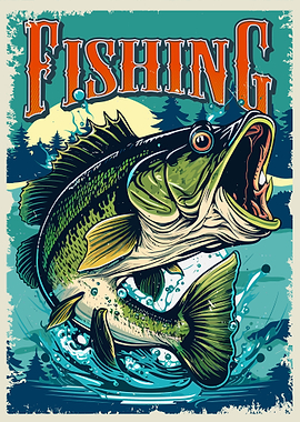 Fishing Poster with Jumping Bass