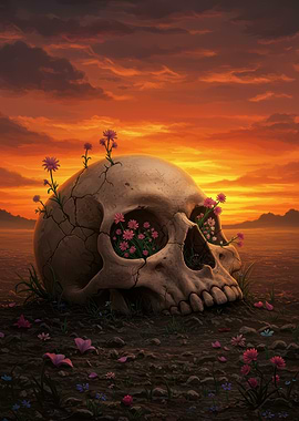 Skull with Flowers at Sunset