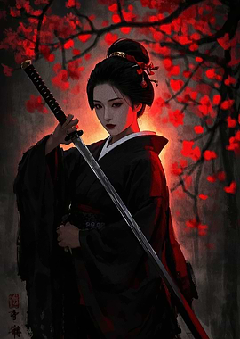 Geisha with Katana in Red Blossom