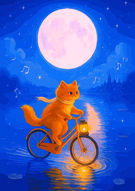 Cat on Bicycle Under Moonlight