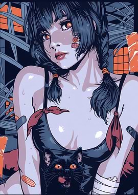 Anime Girl with Black Cat Illustration