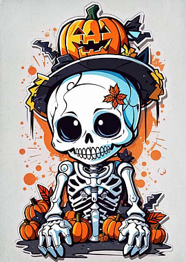 Cute Halloween Skeleton with Pumpkins