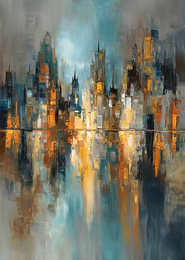 Abstract Cityscape Painting with Reflections