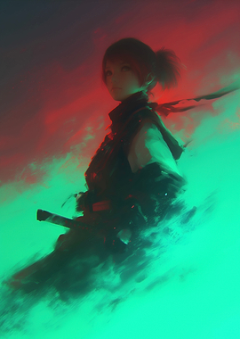 Female Warrior with Sword in Green Mist