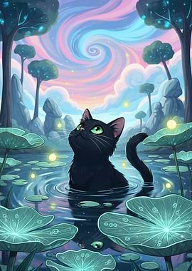 Black Cat in Magical Lily Pond