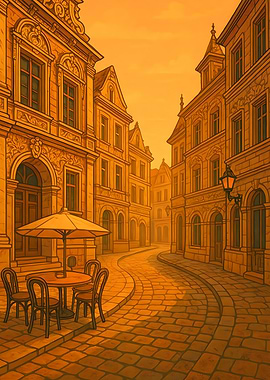European street cafe with golden light