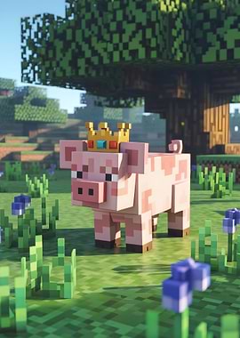 Minecraft Pig with Crown in Meadow
