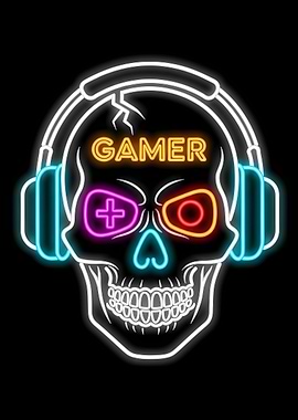 Neon Gamer Skull with Headphones