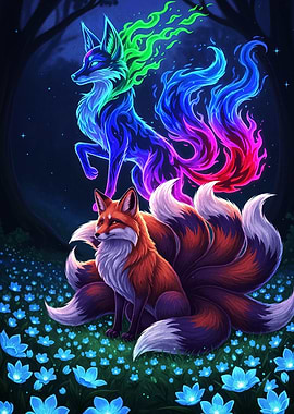 Fox Spirits in a Floral Glade