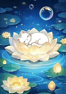 Sleeping cat on a lotus flower