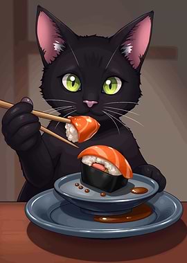 Black Cat Eating Sushi