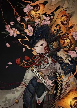 Samurai Rabbit with Cherry Blossoms