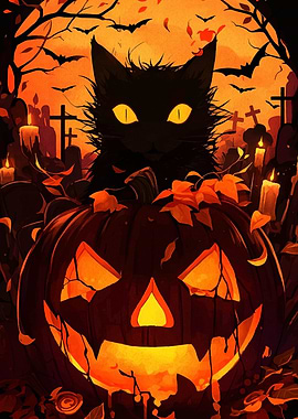 Halloween Cat and Pumpkin Illustration