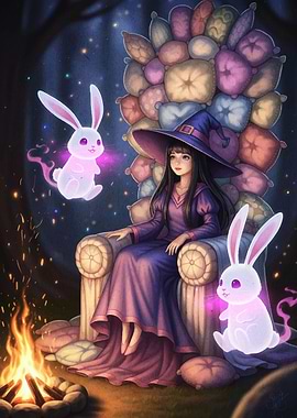 Whimsical Witch with Glowing Rabbits