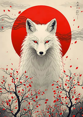 White Fox with Red Sun