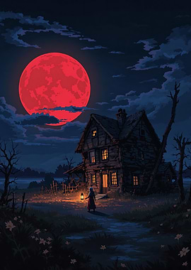 Red Moonlit Cabin with Figure