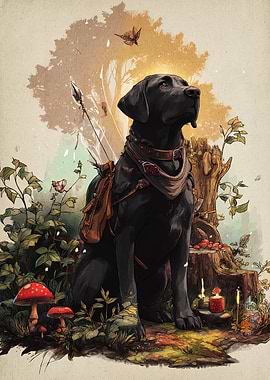 Adventurous Black Labrador in Fantasy Forest