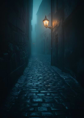 A dark foggy alleyway with a lone streetlamp