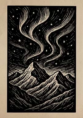 Mountain Aurora Woodcut