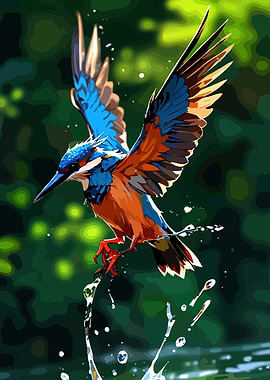Kingfisher Bird Diving into Water Painting