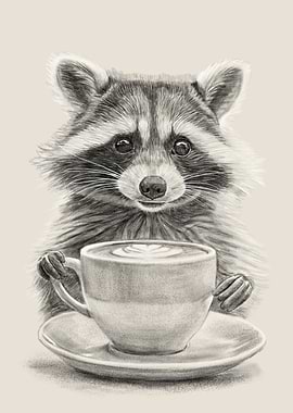 Raccoon with Coffee Cup Drawing