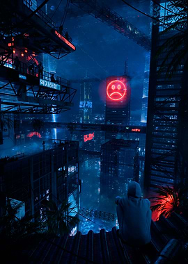 Stray - Cyberpunk Cityscape with Sad Face Neon