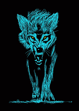 Cyan Wolf Sketch with Yellow Eyes