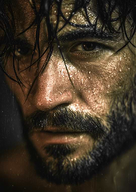 Sweaty man's intense close-up portrait