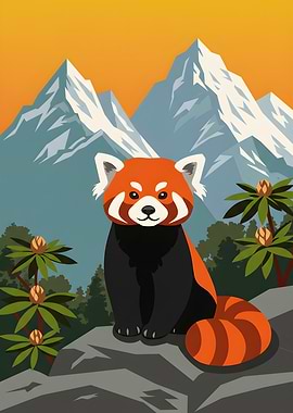 Red Panda Mountain Landscape Illustration