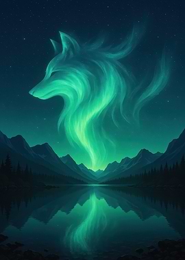 Aurora Wolf Over Mountain Lake