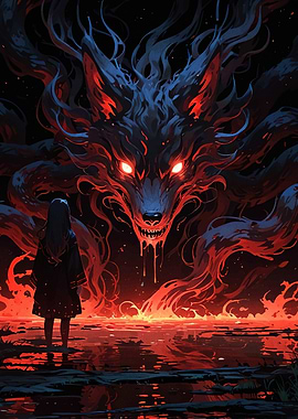 Girl Facing Fiery Wolf Monster