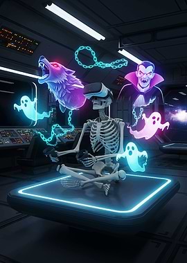 Skeleton in VR with Halloween Holograms