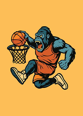 Cartoon Gorilla Dunking Basketball