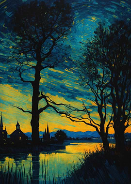 Night Landscape Painting with River