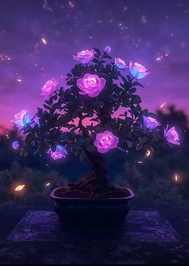 Glowing Rose Bonsai Tree at Twilight
