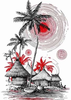 Tropical Village Ink Drawing with Red Accents