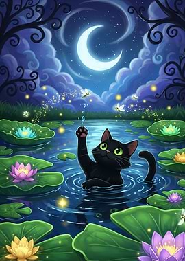 Black Cat in Lily Pond at Night