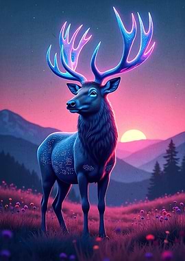 Neon Deer Mountain Landscape