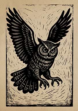 Owl in Flight Woodcut Illustration