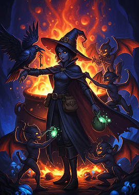 Witch with Raven and Demons