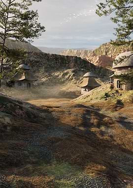 Mountain Village Landscape with Thatched Roofs