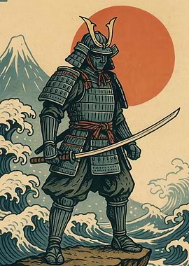 Samurai Warrior with Katana and Landscape
