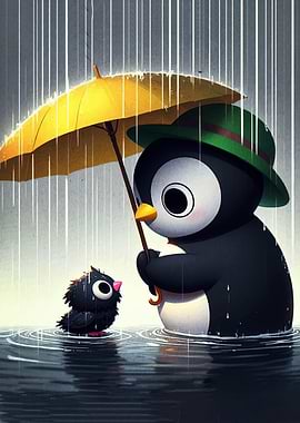 Penguin and chick in the rain